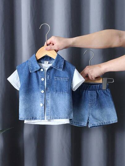 SHEIN طقم مكون من 3 قطع للأطفال الصغار: ملابس علوية بياقة دائرية أكمام قصيرة بيضاء، جاكيت قصيرة بلا أكمام من الجينز، وشورت، بتصميم بسيط وأنيق من قماش الجينز، مناسب للعب في الخارج والبس اليومي المنزلي، إطلالة أنيقة للطفل