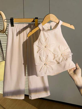 SHEIN مجموعة ملابس علوية وبنطلون مزخرف بالأزهار للفتيات الصغيرات، ملابس صيفية كاجوال قطعتان