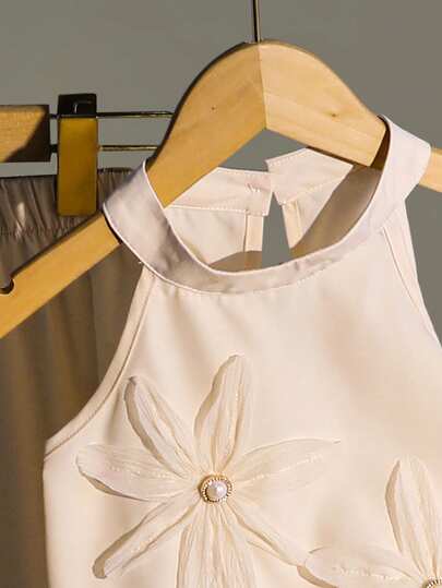 SHEIN مجموعة ملابس علوية وبنطلون مزخرف بالأزهار للفتيات الصغيرات، ملابس صيفية كاجوال قطعتان