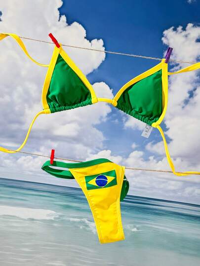 Swim SXY بكيني مكون من قطعتين للنساء، بطبعة علم البرازيل وتشطيب ملون على الرقبة على شكل V وظهر مكشوف، مثير، للربيع والصيف