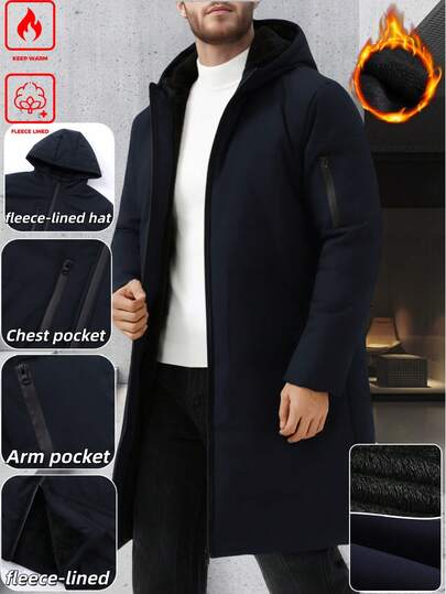 Manfinity Homme معطف طويل رجالي أحادي اللون بأكمام طويلة وقبعة، كاجوال بسيط، سترات رجالية، ملابس خارجية رجالية، ملابس شتوية رجالية