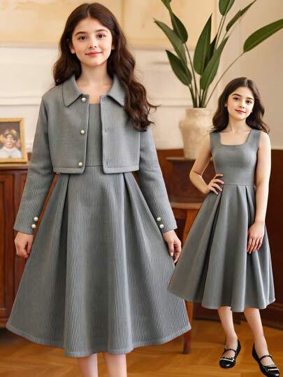 SHEIN طقم جاكيت قصيرة على الطراز الفرنسي وفستان كاجوال أنيق بسيط مناسب للفتيات المراهقات، مناسب للربيع والخريف