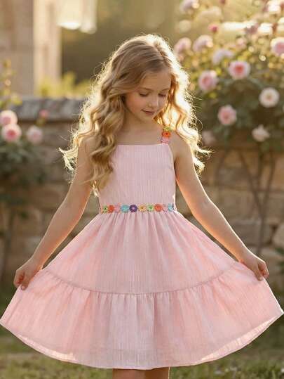 SHEIN Vintaside Kids فستان أميرة للبنات المراهقات، وردي اللون، نسيج مزخرف بنقشة زهرية على الحمالات، مناسب للعطلات الصيفية، لطيف وعملي