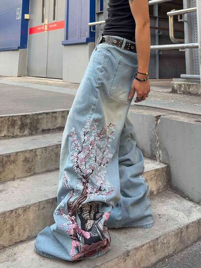 ROMWE MEN Street Life بنطلون جينز فضفاض مطرز بنقوش زهرية للرجال