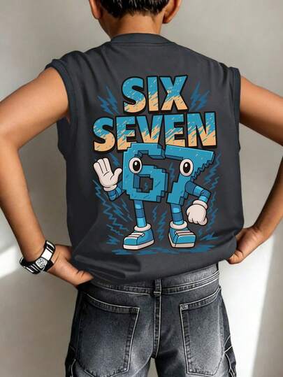 ملابس علوية أكمام بلا أكمام للأولاد، طباعة رقم "67" بتصميم بكسل كرتوني، شعار "SIX SEVEN"، تصميم رسوم جرافيتي بشكل برق، قصة فضفاضة عادية، للعودة إلى المدرسة، التجمعات الترفيهية، الاستخدام اليومي، ملابس الصيف