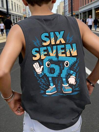 ملابس علوية أكمام بلا أكمام للأولاد، طباعة رقم "67" بتصميم بكسل كرتوني، شعار "SIX SEVEN"، تصميم رسوم جرافيتي بشكل برق، قصة فضفاضة عادية، للعودة إلى المدرسة، التجمعات الترفيهية، الاستخدام اليومي، ملابس الصيف