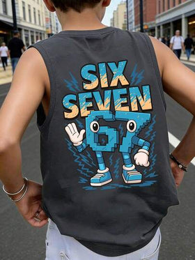 ملابس علوية أكمام بلا أكمام للأولاد، طباعة رقم "67" بتصميم بكسل كرتوني، شعار "SIX SEVEN"، تصميم رسوم جرافيتي بشكل برق، قصة فضفاضة عادية، للعودة إلى المدرسة، التجمعات الترفيهية، الاستخدام اليومي، ملابس الصيف