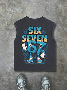 ملابس علوية أكمام بلا أكمام للأولاد، طباعة رقم "67" بتصميم بكسل كرتوني، شعار "SIX SEVEN"، تصميم رسوم جرافيتي بشكل برق، قصة فضفاضة عادية، للعودة إلى المدرسة، التجمعات الترفيهية، الاستخدام اليومي، ملابس الصيف