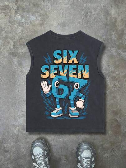 ملابس علوية أكمام بلا أكمام للأولاد، طباعة رقم "67" بتصميم بكسل كرتوني، شعار "SIX SEVEN"، تصميم رسوم جرافيتي بشكل برق، قصة فضفاضة عادية، للعودة إلى المدرسة، التجمعات الترفيهية، الاستخدام اليومي، ملابس الصيف