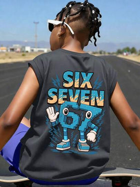 ملابس علوية أكمام بلا أكمام للأولاد، طباعة رقم "67" بتصميم بكسل كرتوني، شعار "SIX SEVEN"، تصميم رسوم جرافيتي بشكل برق، قصة فضفاضة عادية، للعودة إلى المدرسة، التجمعات الترفيهية، الاستخدام اليومي، ملابس الصيف