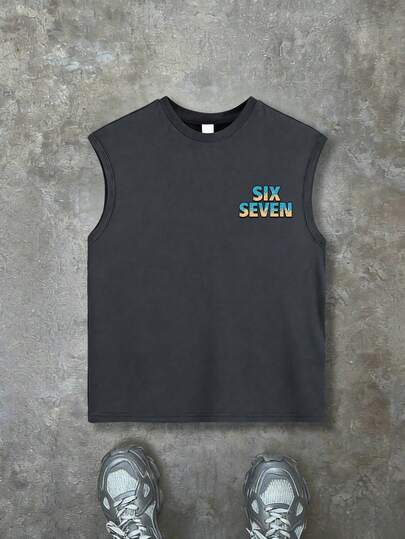 ملابس علوية أكمام بلا أكمام للأولاد، طباعة رقم "67" بتصميم بكسل كرتوني، شعار "SIX SEVEN"، تصميم رسوم جرافيتي بشكل برق، قصة فضفاضة عادية، للعودة إلى المدرسة، التجمعات الترفيهية، الاستخدام اليومي، ملابس الصيف