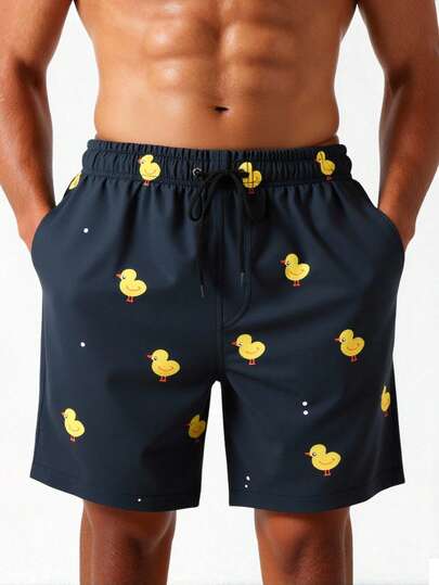 Manfinity Swimmode شورت شاطئ رجالي مطبوع بطبعة الدجاج مع خصر رباط، شورت بطة رجالي، شورت سباحة رجالي مضحك بطبعة البطة