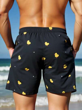 Manfinity Swimmode شورت شاطئ رجالي مطبوع بطبعة الدجاج مع خصر رباط، شورت بطة رجالي، شورت سباحة رجالي مضحك بطبعة البطة
