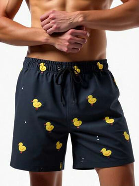 Manfinity Swimmode شورت شاطئ رجالي مطبوع بطبعة الدجاج مع خصر رباط، شورت بطة رجالي، شورت سباحة رجالي مضحك بطبعة البطة