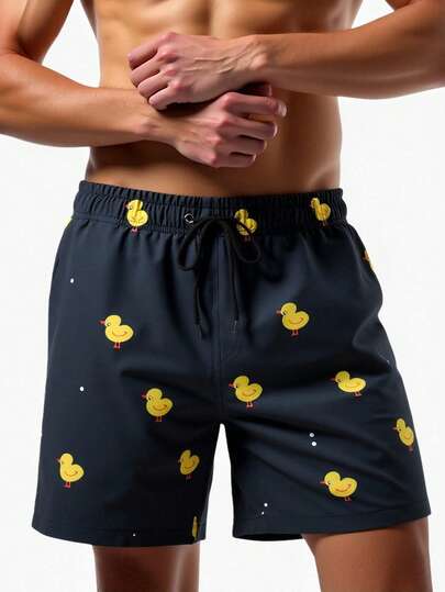 Manfinity Swimmode شورت شاطئ رجالي مطبوع بطبعة الدجاج مع خصر رباط، شورت بطة رجالي، شورت سباحة رجالي مضحك بطبعة البطة