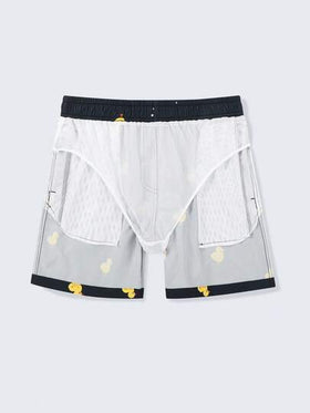 Manfinity Swimmode شورت شاطئ رجالي مطبوع بطبعة الدجاج مع خصر رباط، شورت بطة رجالي، شورت سباحة رجالي مضحك بطبعة البطة