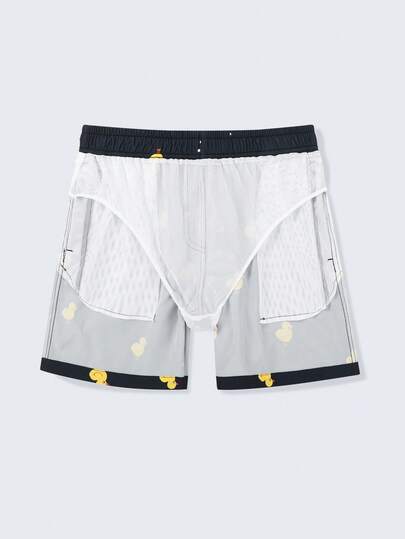 Manfinity Swimmode شورت شاطئ رجالي مطبوع بطبعة الدجاج مع خصر رباط، شورت بطة رجالي، شورت سباحة رجالي مضحك بطبعة البطة