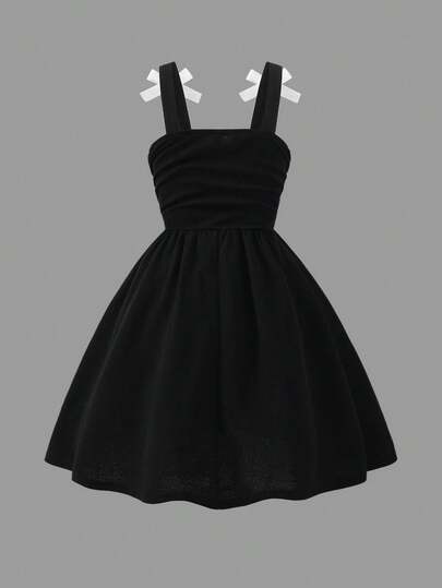 Elladie kids فستان أنيق للبنات بلون أحادي مع شريط وردة ثلاثي الأبعاد على الكتف وحزام مطوي، شائع للخروجات والحفلات والمناسبات في فصلي الربيع والصيف