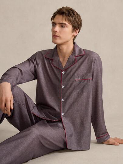 SHEIN مجموعة ملابس نوم للرجال 2 قطعة، ملابس علوية طويلة الأكمام ذات ياقة مفتوحة وبنطال طويل