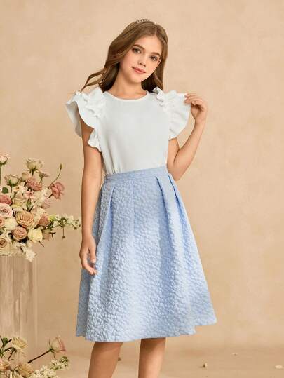 طقم بلوزة كم قصير بياقة دائرية وتنورة طويقة ضيقة مطبوعة بنقشة الأزهار لفتيات المراهقات الأنيقات