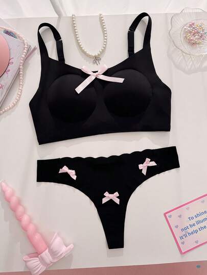 PetitDoll مجموعة ملابس داخلية مريحة للنساء مزينة بالفيونكة، 2 قطعة
