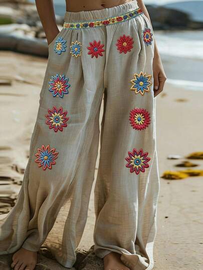 EMERY ROSE بنطلون فضفاض مطبوع بطراز بوهيمي لعطلة الشاطئ للنساء