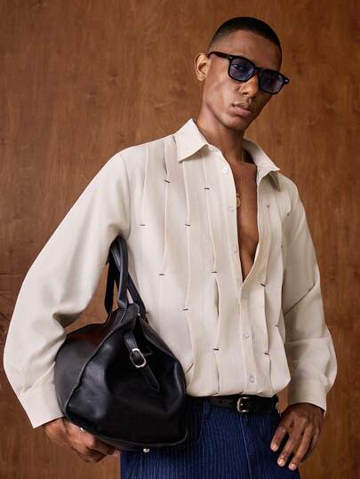 AKNOTIC Business Casual قميص كاجوال طويل الأكمام أحادي الصدر لون بيج فاتح للرجال