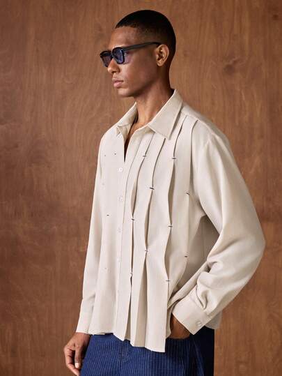AKNOTIC Business Casual قميص كاجوال طويل الأكمام أحادي الصدر لون بيج فاتح للرجال