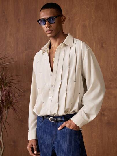 AKNOTIC Business Casual قميص كاجوال طويل الأكمام أحادي الصدر لون بيج فاتح للرجال