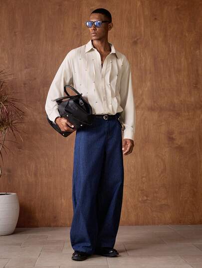 AKNOTIC Business Casual قميص كاجوال طويل الأكمام أحادي الصدر لون بيج فاتح للرجال