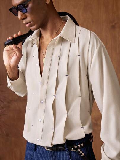 AKNOTIC Business Casual قميص كاجوال طويل الأكمام أحادي الصدر لون بيج فاتح للرجال