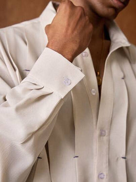 AKNOTIC Business Casual قميص كاجوال طويل الأكمام أحادي الصدر لون بيج فاتح للرجال