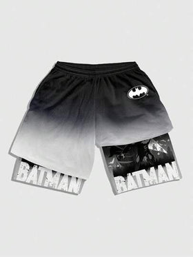 ROMWE MEN Batman X ROMWE شورت رياضي كاجوال للرجال بخصر رباط مطبوع بحرف وخفاش بتدرج اللون