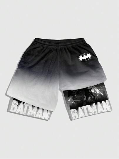ROMWE MEN Batman X ROMWE شورت رياضي كاجوال للرجال بخصر رباط مطبوع بحرف وخفاش بتدرج اللون