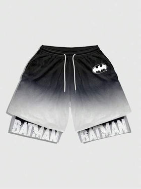 ROMWE MEN Batman X ROMWE شورت رياضي كاجوال للرجال بخصر رباط مطبوع بحرف وخفاش بتدرج اللون