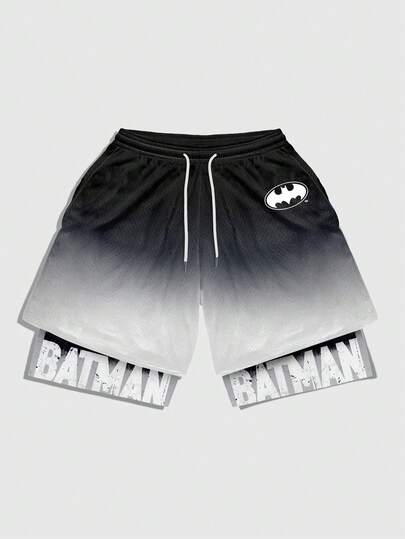 ROMWE MEN Batman X ROMWE شورت رياضي كاجوال للرجال بخصر رباط مطبوع بحرف وخفاش بتدرج اللون