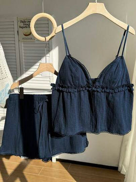 Comfortcana مجموعة قطعتين كاجوال بلون أحادي مع تطريز دانتيل، صيفي