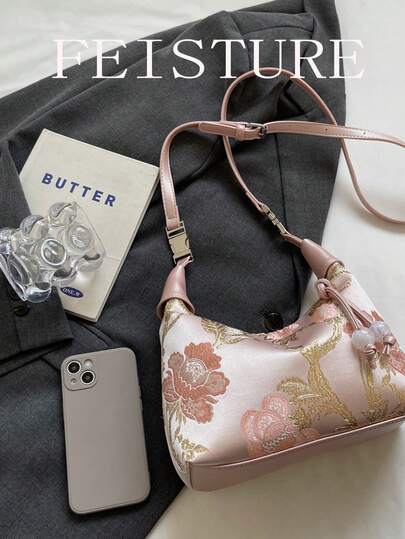 حقيبة نايلون ذات لون واحد بطراز صيني مطرزة بزهور، مناسبة للتسوق والمواعدة وهدايا النساء والسيدات العاملات، مثالية للمكتب والمدرسة والعمل والتنقل