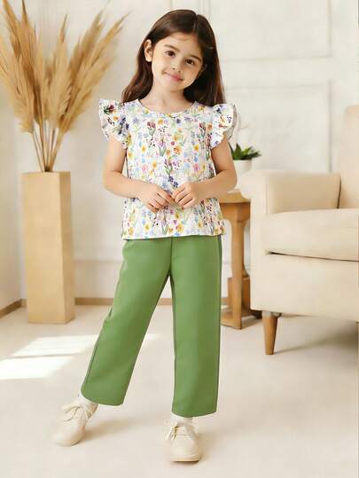 Elladie kids ملابس جديدة مكونة من قطعتين للفتيات الصغيرات بعمر 4-7 سنوات، تتميز بقميص مطبوع بأكمام قصيرة مع أزرار خلفية ومطابق له بنطلون، أنيقة ومناسبة للأنشطة اليومية والعطلات والمدرسة والسفر والأنشطة الخارجية