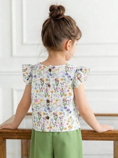 Elladie kids ملابس جديدة مكونة من قطعتين للفتيات الصغيرات بعمر 4-7 سنوات، تتميز بقميص مطبوع بأكمام قصيرة مع أزرار خلفية ومطابق له بنطلون، أنيقة ومناسبة للأنشطة اليومية والعطلات والمدرسة والسفر والأنشطة الخارجية