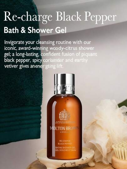 Molton Brown غسول الجسم بالفلفل الأسود، 50 مل، رغوة غنية، قوام جيلي، سهل الشطف، عطر حادّ خشبي، منشط، تنظيف عميق، ترطيب لطيف، مُنكّه بمستخلصات نباتية، 50 مل/1.69 أونصة سائلة