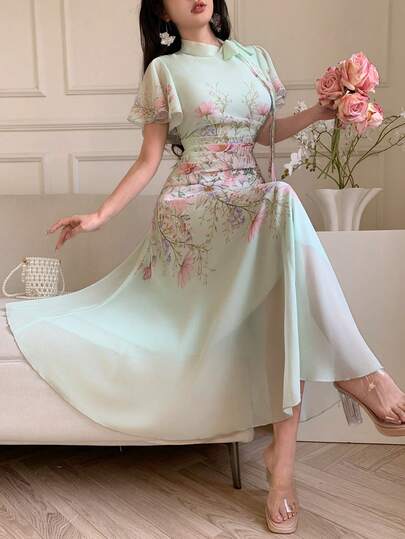 Modelyn فستان نسائي بطبعة مطبوعة مجعد مع ربطة الخصر
