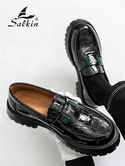 Salkin أحذية رجالية مصممة بأناقة من نوع لوفرز سهلة الارتداء، أحذية رسمية أنيقة للرجل مزينة بنقش النحلة، جلد علوي ناعم ومريح، أسطح قوية وصلبة، مناسبة للاستخدام اليومي العادي والأعمال والحفلات والزفاف، هدية مثالية للربيع والصيف والخريف، أناقة المال القديم