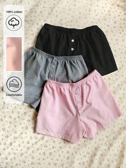 SHEIN EZwear 3 قطع مجموعة شورت كاجوال مُحبوكة للنساء، باللون الأسود/الرمادي/الوردي، صيفي