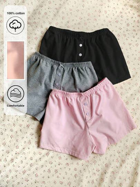 SHEIN EZwear 3 قطع مجموعة شورت كاجوال مُحبوكة للنساء، باللون الأسود/الرمادي/الوردي، صيفي