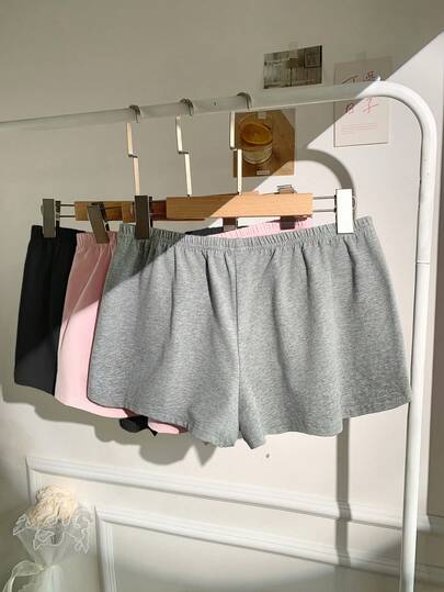 SHEIN EZwear 3 قطع مجموعة شورت كاجوال مُحبوكة للنساء، باللون الأسود/الرمادي/الوردي، صيفي