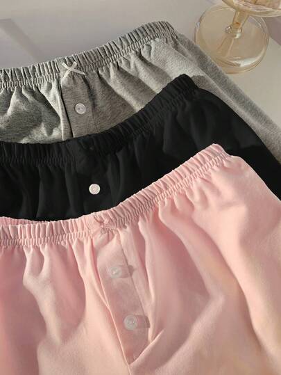 SHEIN EZwear 3 قطع مجموعة شورت كاجوال مُحبوكة للنساء، باللون الأسود/الرمادي/الوردي، صيفي