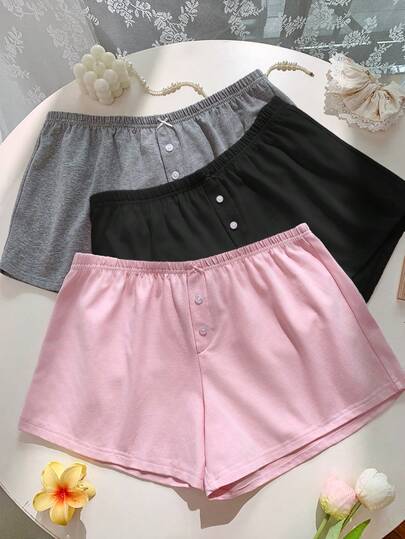 SHEIN EZwear 3 قطع مجموعة شورت كاجوال مُحبوكة للنساء، باللون الأسود/الرمادي/الوردي، صيفي