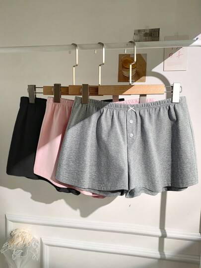 SHEIN EZwear 3 قطع مجموعة شورت كاجوال مُحبوكة للنساء، باللون الأسود/الرمادي/الوردي، صيفي