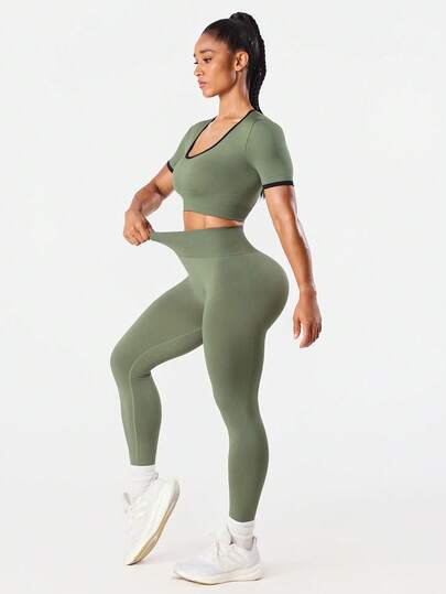 Dewbera قميص رياضي نسائي بياقة على شكل حرف V طويل الأكمام، سلس وضيق ومثير؛ سروال ضيق بخصر عالي للتحكم في البطن ورفع الأرداف؛ مناسب للجري والياقة البدنية والتمارين والدراجات والارتداء اليومي العادي